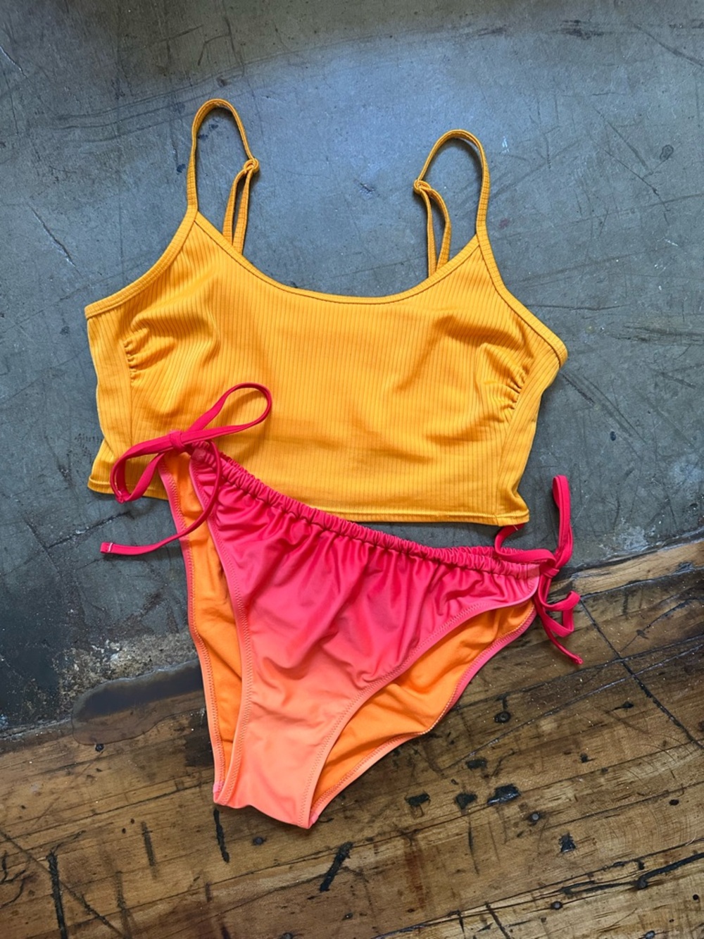 Yellow Ribbed Crop Bikini Top with Pink-Orange Ombre Tie-Side Bottoms